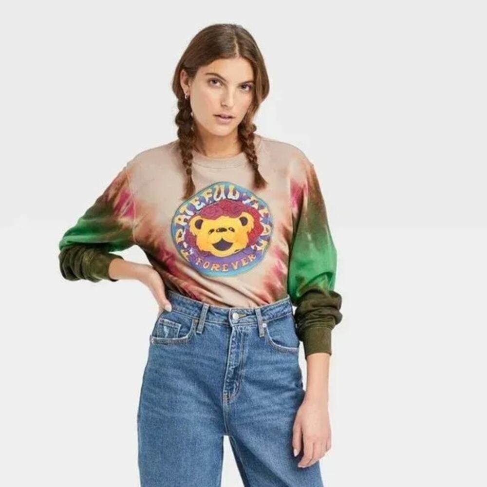 Grateful Dead Teddy Flower Graphic Sweatshirt Brown Green Dye Long Sleeve Sz S